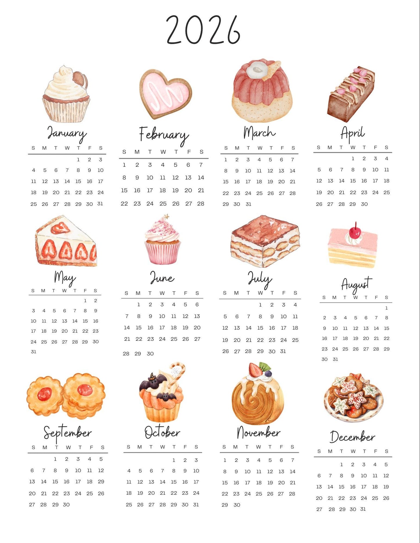 2026 Digital Watercolor Desserts Calendar